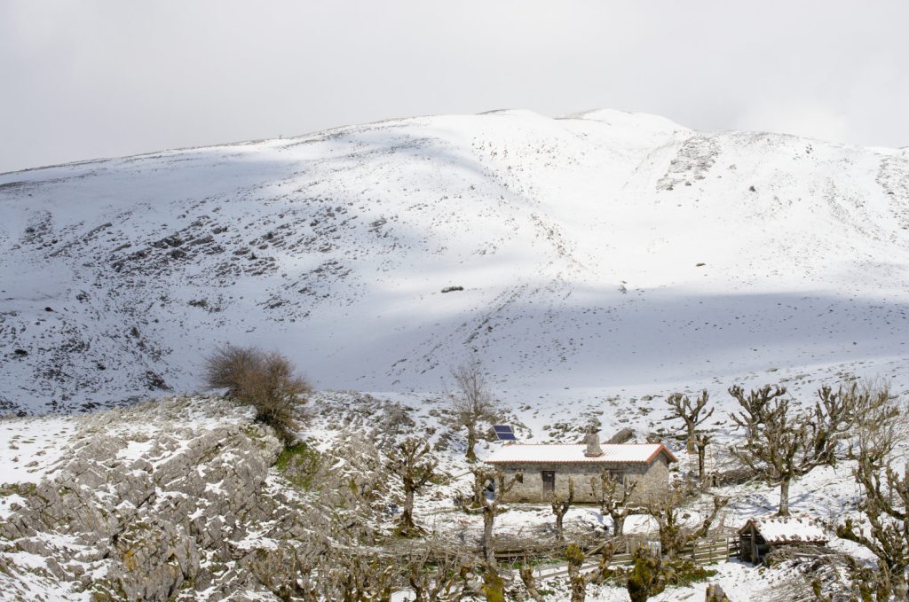 Edificio en la cumbre nevada.