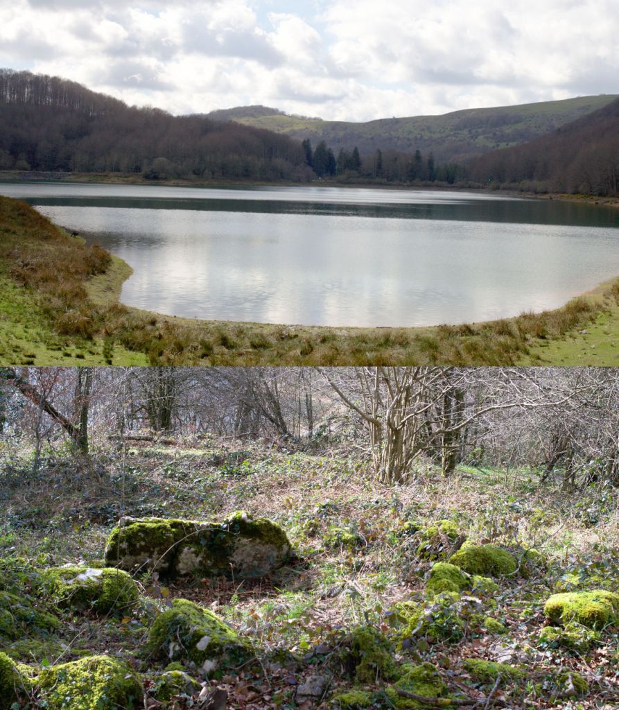 Embalse de Lareo y piedras de un dolmen.