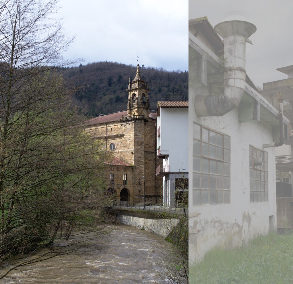 Iglesia, río y edificio industrial en Ataun.