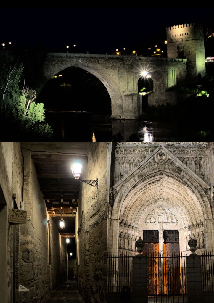 Уголки Толедо ночью: мост Сан-Мартин, кобертисо и подсвеченный портал собора.