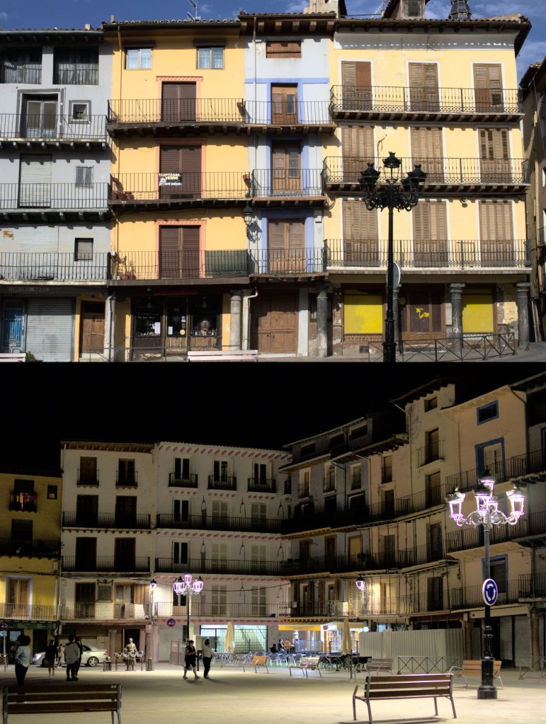 Vistas diurna y nocturna de la plaza de España.
