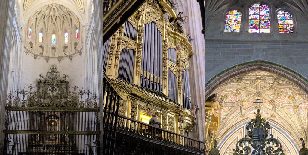 Fragmentos del interior de la catedral de Segovia. En el centro: músico tocando el órgano.