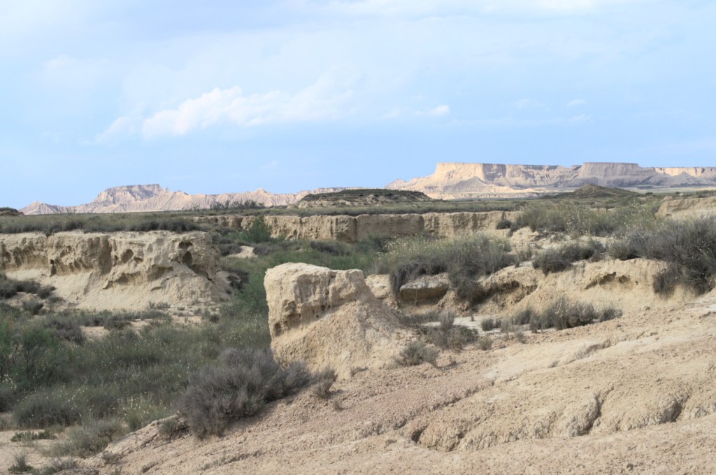Barrancos en el primer plano, montañas en el fondo