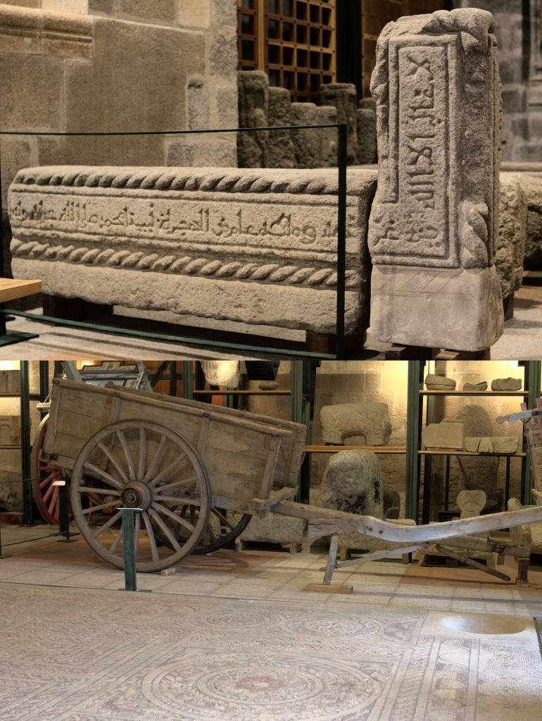 Сверху — надгробие с арабской вязью, снизу — мозаика на полу и крестьянская телега