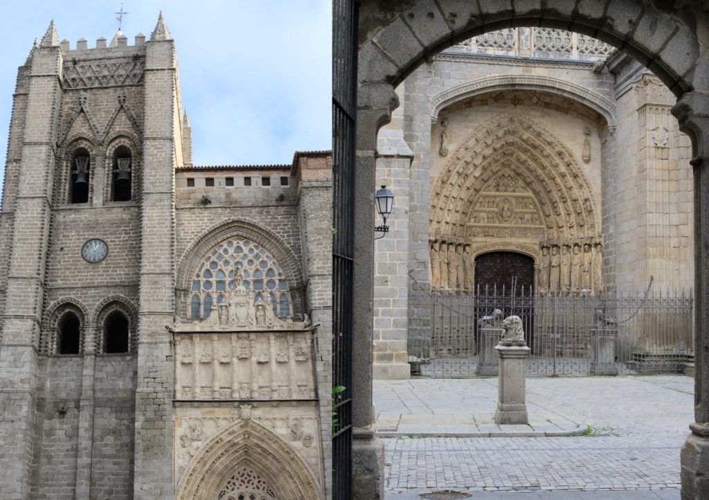 Слева — колокольня, часть фасада и портала, справа — готический портал собора