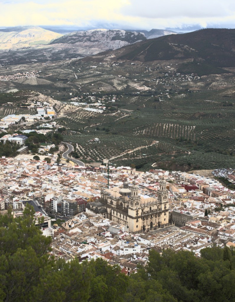Вид сверху на Хаэн. Вдали — горы, внизу — собор.