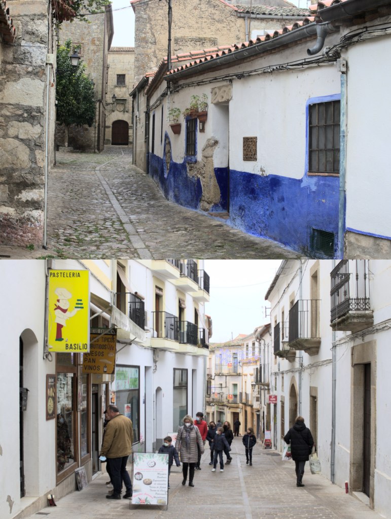 Вид двух улиц Трухильо: одна из них пустая, другая людная