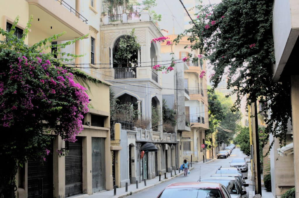 Тенистая улица с особняками и цветущими кустами