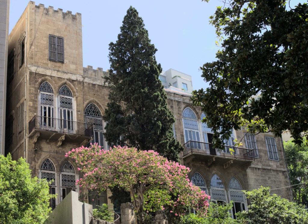 Особняк, цветущее дерево перед ним