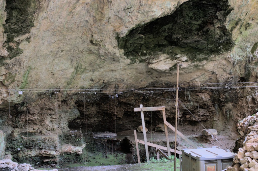 Раскопанный участок пещеры с отмеченными археологическими слоями