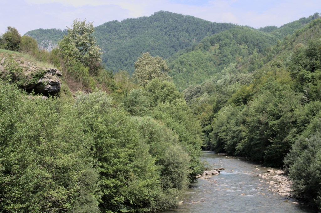 Река течёт среди склонов гор с пышной растительностью