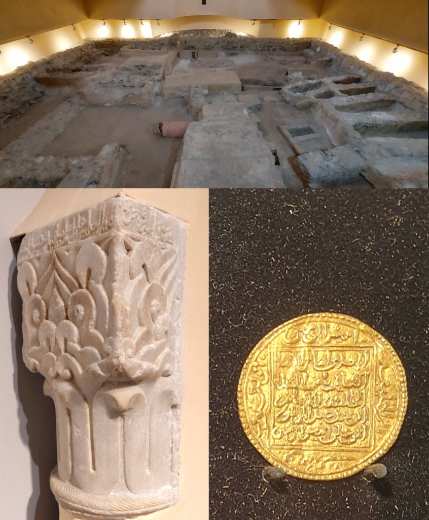 Фундамент старинного здания, капитель колонны и золотая монета